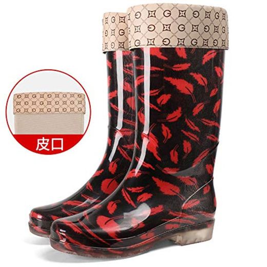 Para Botas De Lluvia Para Mujer Pluma Lluvia Cálida Botas De Cuero Simple Moda Mujer Zapatos De Agua Impermeable Antideslizante Retro Wellington Wild Resistentes Al Desgaste De Mujeres Botas De Lluvi