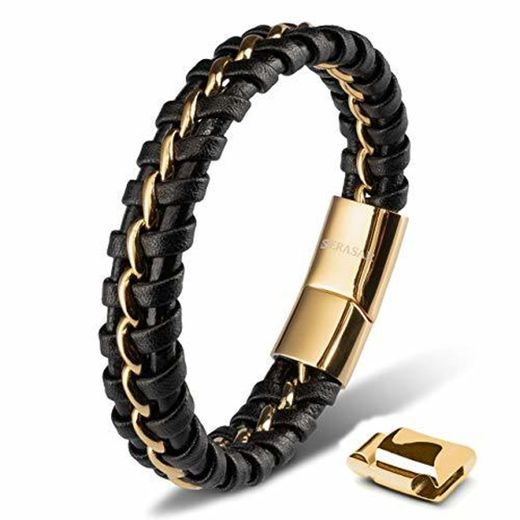 SERASAR 20cm Oro Pulsera de Cuero Hombre Chico Pulseras Hombres Brazalete Brazaletes