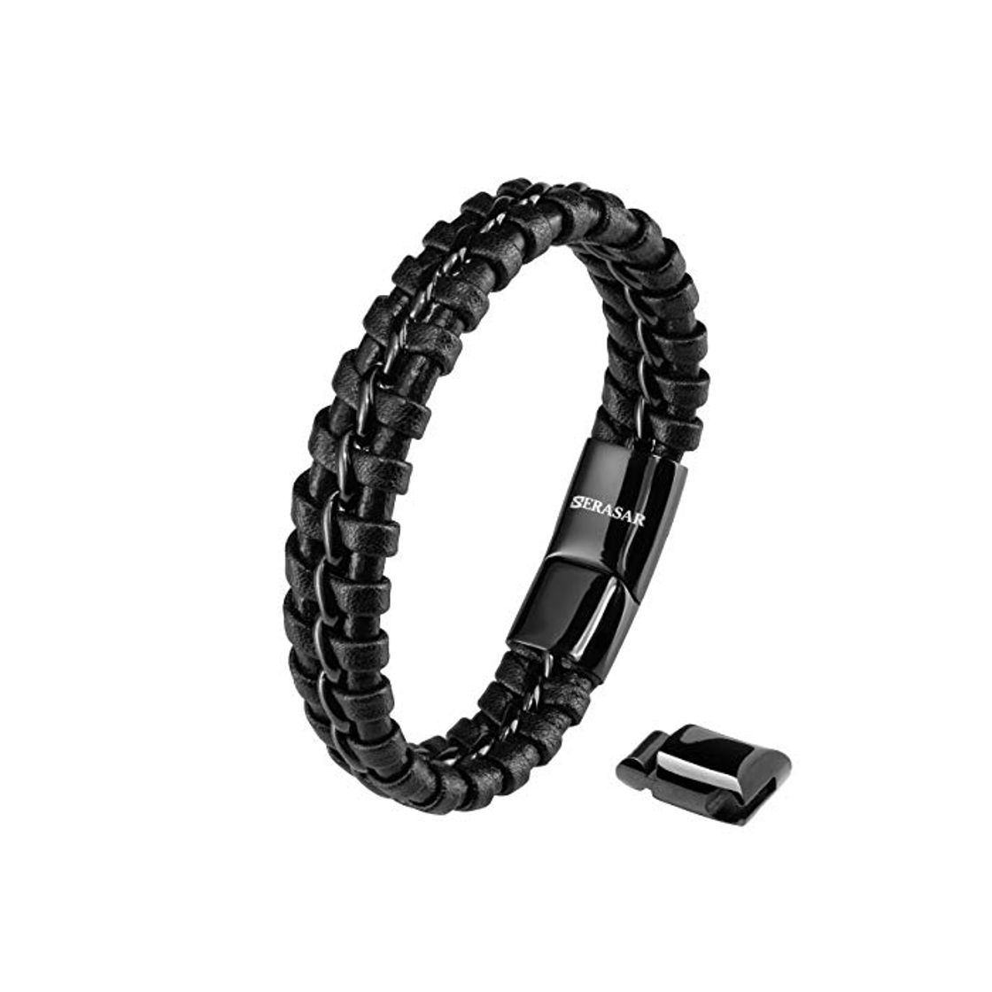 Producto SERASAR 20cm Negro Pulsera de Cuero Hombre Chico Pulseras Hombres Brazalete Brazaletes Pulso Muñequera Muñequeras Bisuteria Bisutería Joyeria Nudos Cuerda Cuerdas Bracelet Men Jewellery Unisex Ancha