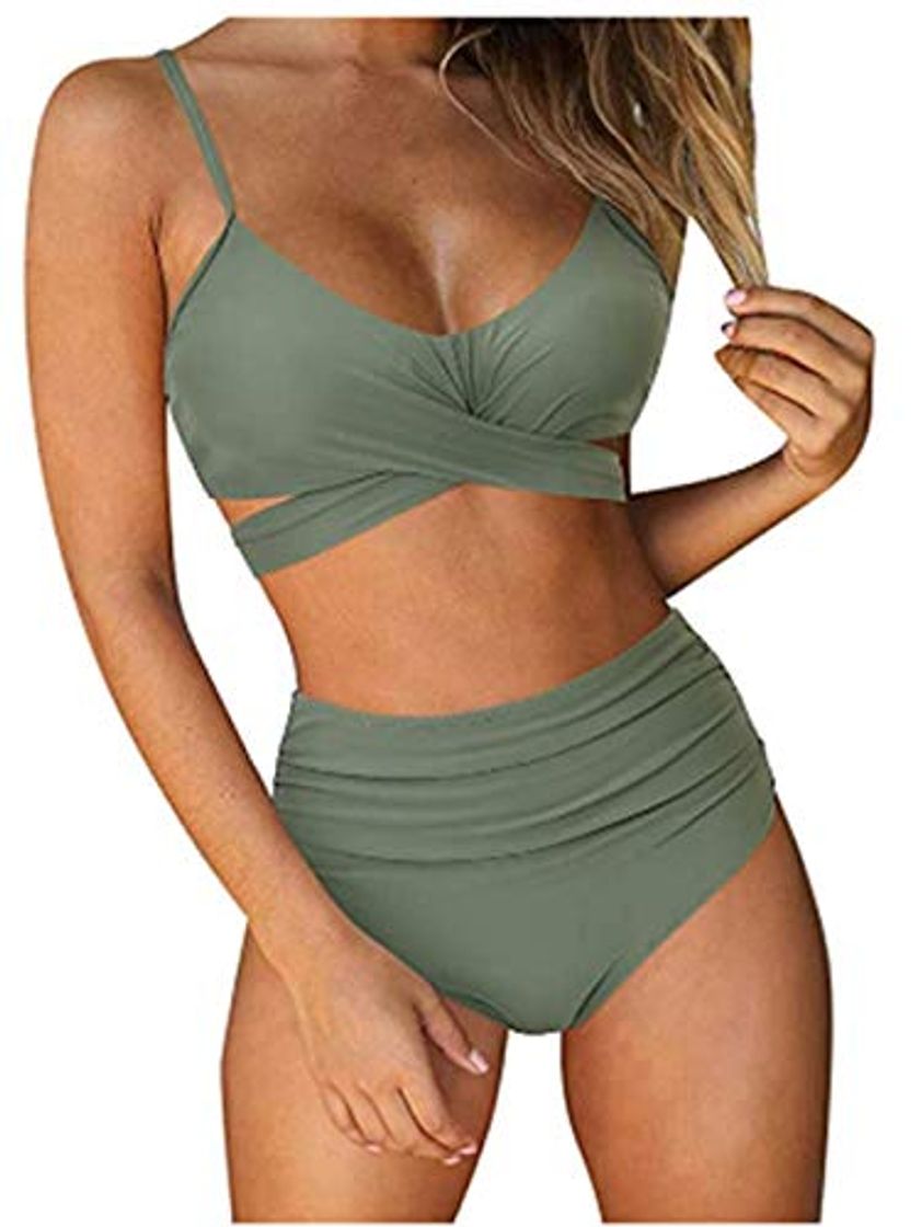 Moda Eledobby 2 Piezas Traje de Baño para Mujer Sexy Bikinis de Cintura Alta Conjuntos Traje de Baño Acolchado Trajes de Baño para Mujer para Natación en la Playa Verde XL