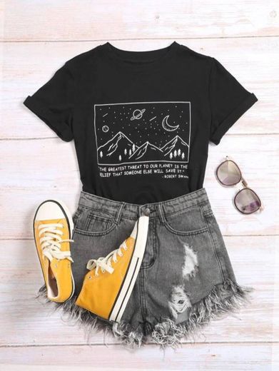 Preto Galáxia ocasional Camiseta | SHEIN Brasil