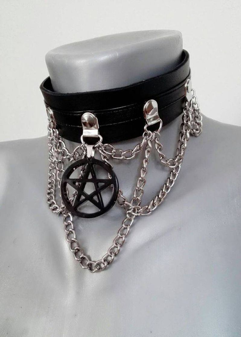 Social Gothic leather choker with handmade pentagram charm