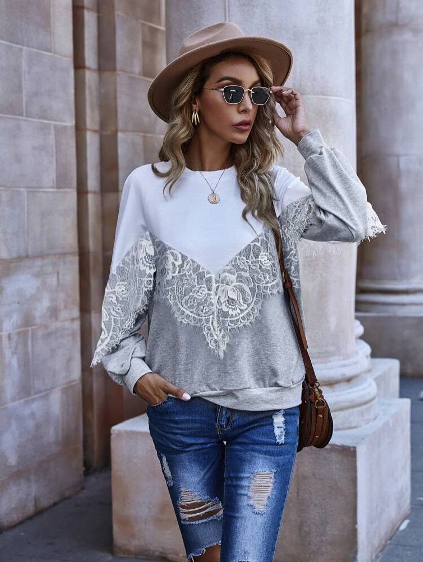 Fashion Lace Panel Color Block Sweatshirt | SHEIN EUR