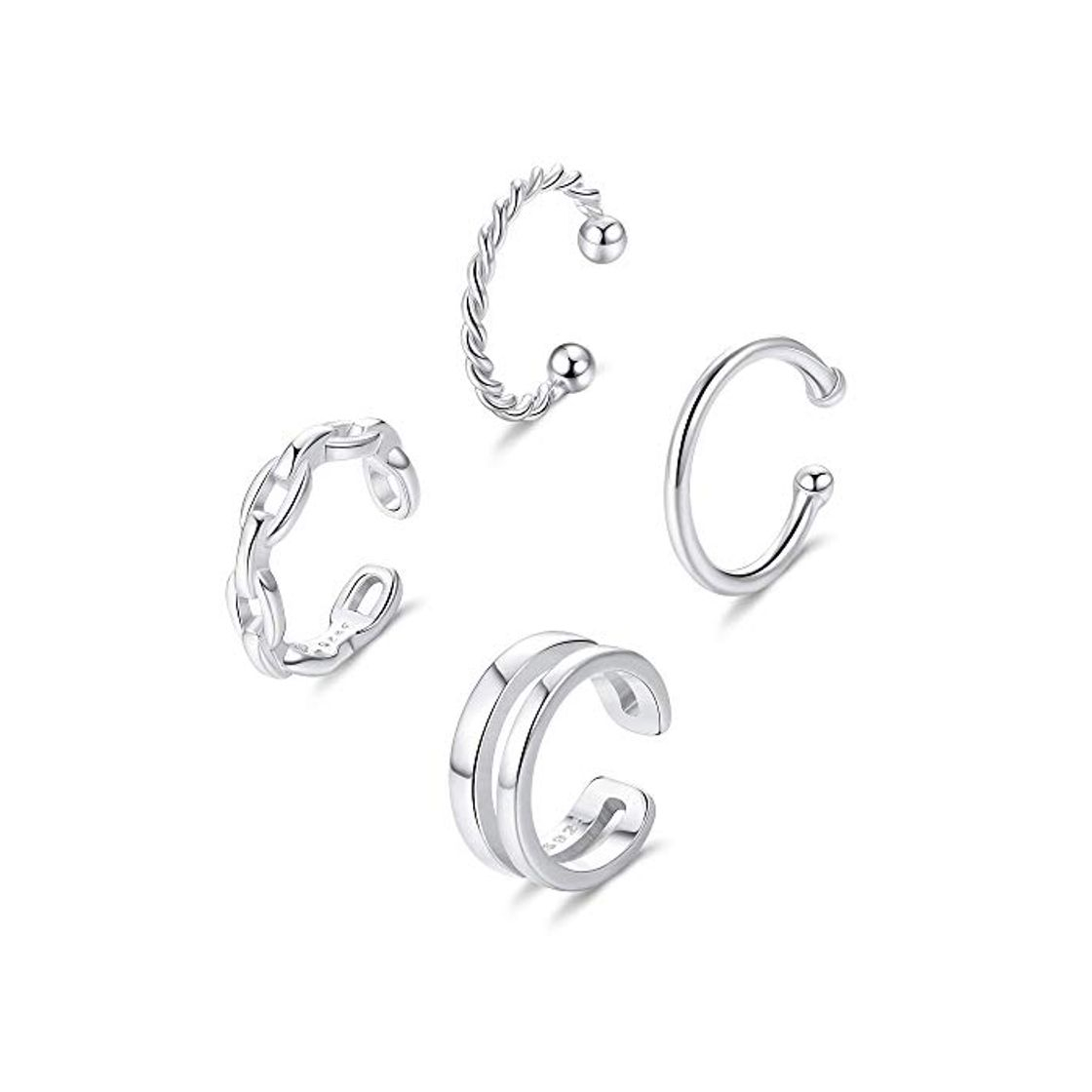 Fashion Milacolato 4Pcs Plata de Ley 925 Ear Cuff Aro de Cartílago Pequeño Anillo de Nariz de Labio Ajustable Joyería de Moda para Mujeres Pendientes Sin Piercing