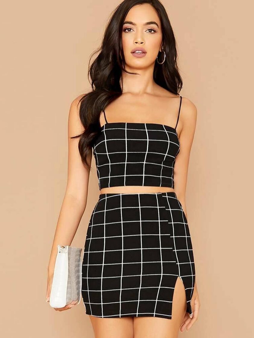 Fashion Grid Print Cropped Cami Top & Mini Skirt Set