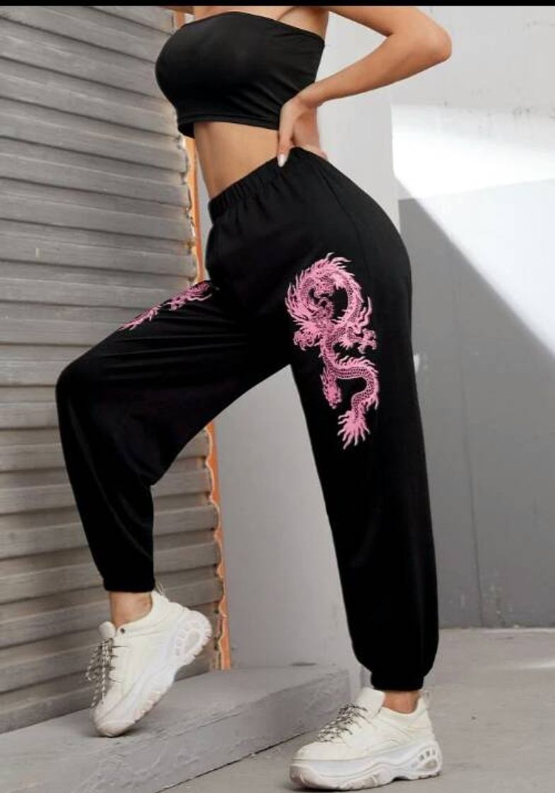 Fashion CALÇA PRETA COM DRAGÃO ROSA🌹