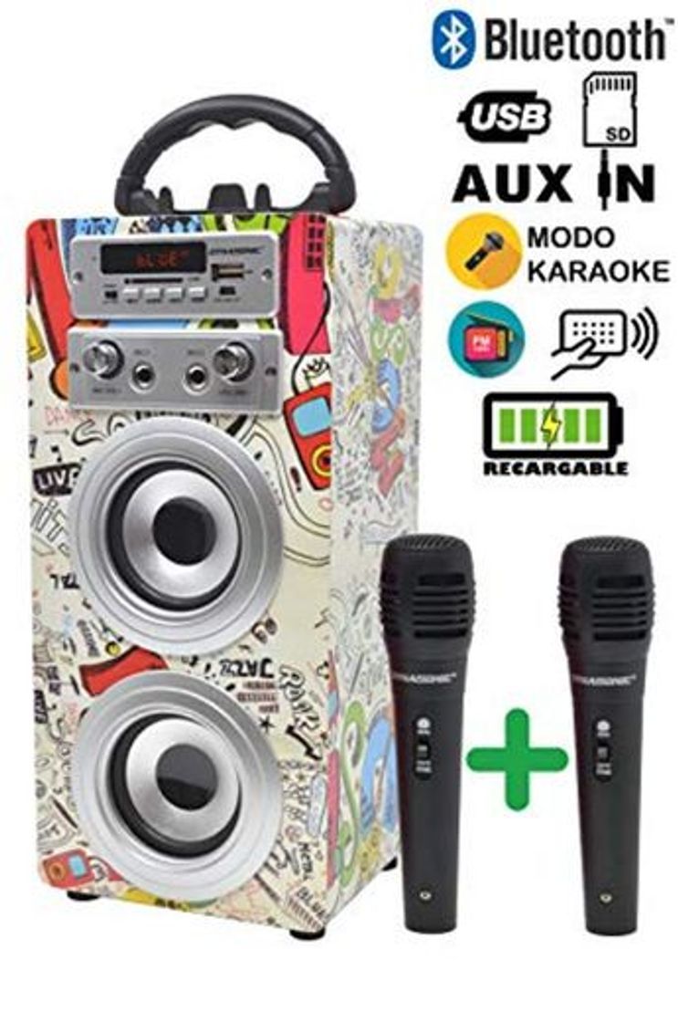 Social DYNASONIC - Altavoz Bluetooth Portatil Karaoke con 2 Micrófonos Incluidos