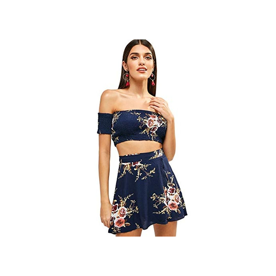 Moda ZAFUL Mujer Hombros Libre Flores Parte superior Rallada y Juego de dos piezas Vestido de vacaciones Minifalda azul M