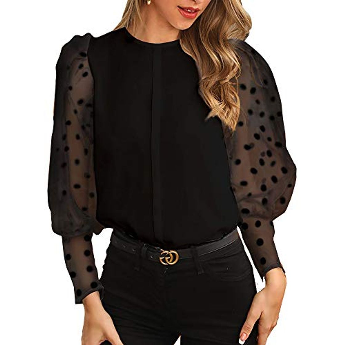 Social Blusa Manga Larga Transparente con Puntos para Mujer Camisa Mujer Elegante Moderna
