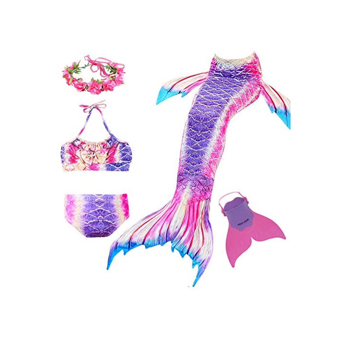Social Romance Zone Cola de Sirena para Natación 5pcs Traje de Baño Mermaid Bikini Establece Disfraz de Sirena para Niña Princesa Cosplay Conjuntos con Diadema de Flores y Monofín