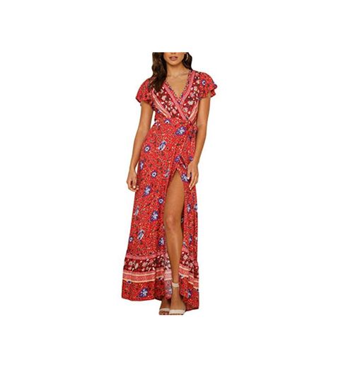 Vestido Mujer Bohemio Largo Verano Playa Fiesta Floral Manga Corta Cuello en V Talla Split Wrap Maxi Vestidos 3 M