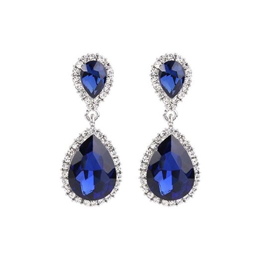 EVER FAITH® Rhinestone de las mujeres de cristal austriaco 2 de la lágrima cuelga los pendientes Azul marino tono plateado