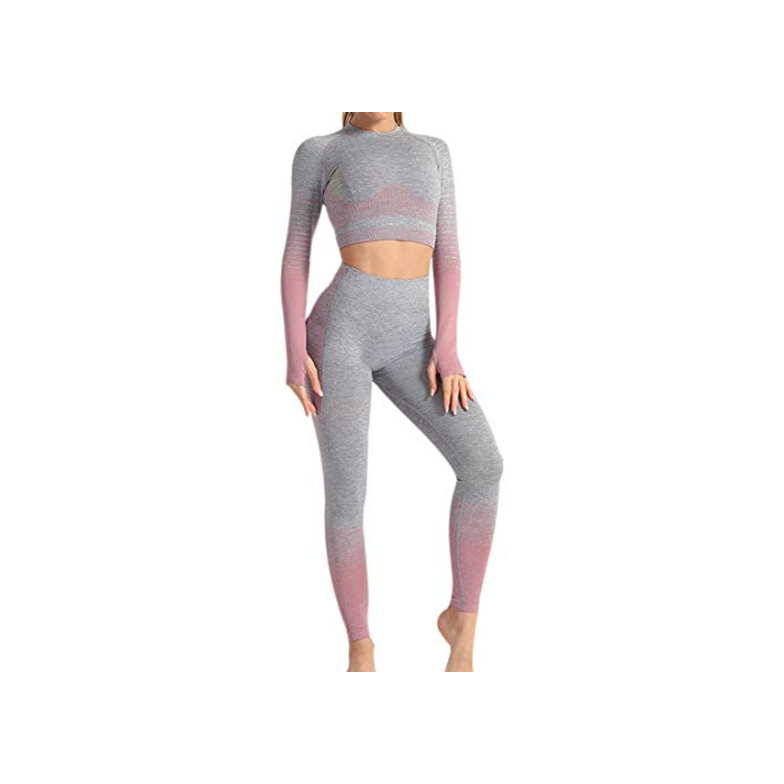Social Conjunto Tops Yoga Seamless Gradient Yoga Top de Manga Larga Pantalon Deportivo