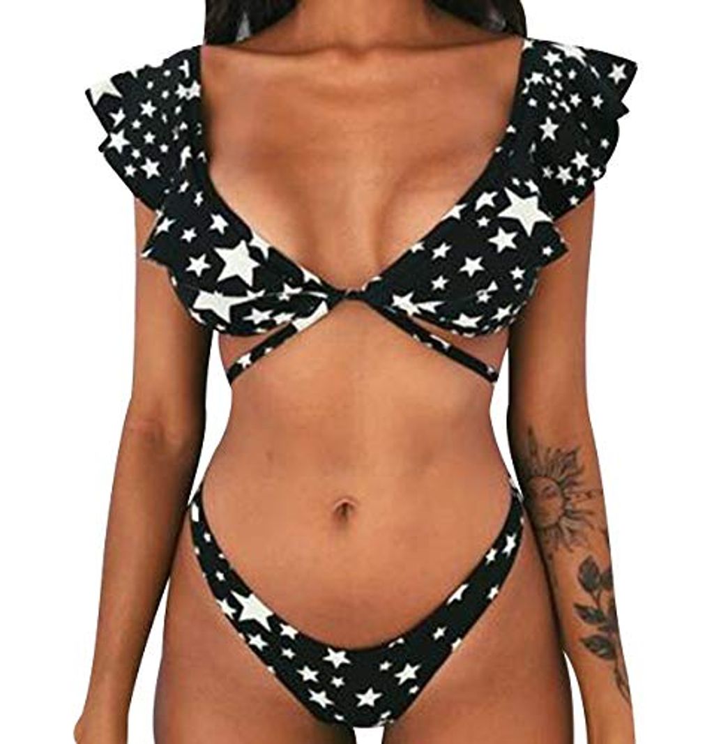 Moda Bikini de Volantes Triangulo Push Up Mujer Trajes de Baño Flores de Dos Piezas Biquini Brasileño Rayas Vikini Bikinis Brasileña Señora Bañador Piscina Playa Mujeres Bañadores Natacion Estrella L