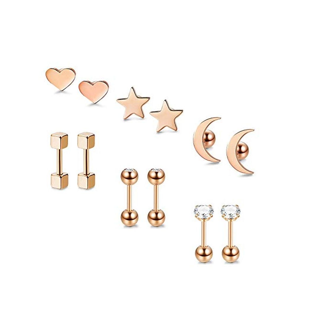 Social BESTEEL 6 Pares Acero Inoxidable Pendientes de Estrella Luna y Corazón de las Mujeres Aretes Pendientes Piercing Cartilago Joyería de Moda