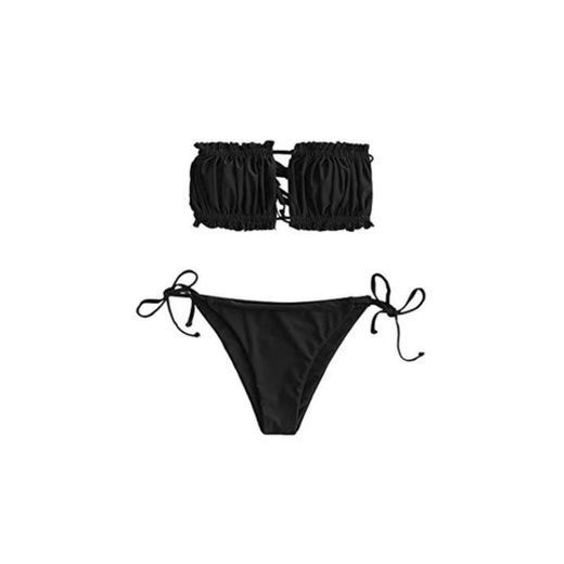 ZAFUL - Bikini para mujer sin tirantes, corte con volantes, bikini negro