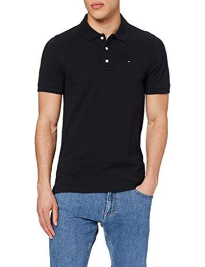 Tommy Hilfiger Piqué P Camiseta Polo con Cierre de 3 Botones, Negro