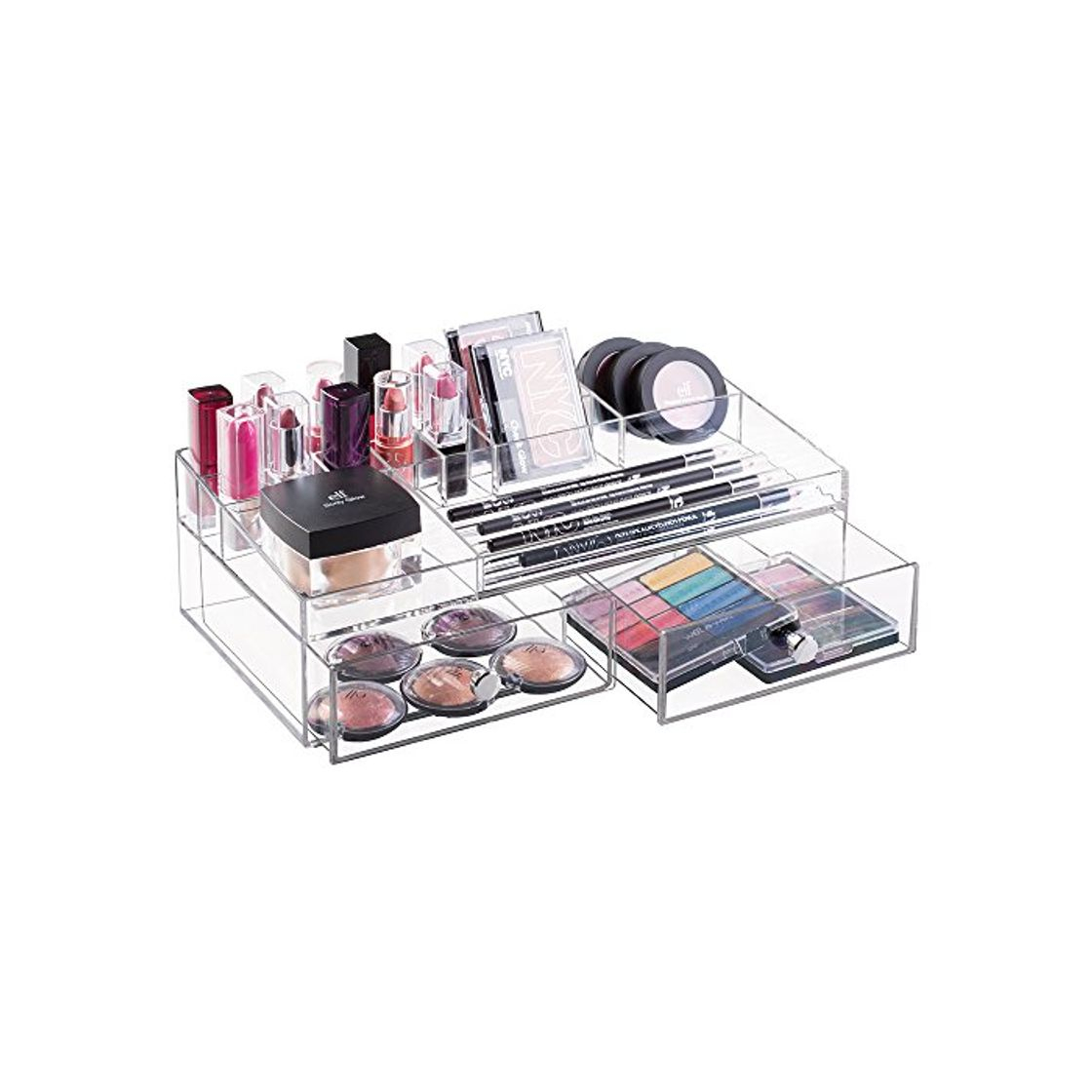 Product mDesign Organizador de cosméticos transparente – Caja para maquillaje y productos de belleza con compartimentos y dos cajones extraíbles – Gran capacidad de almacenaje