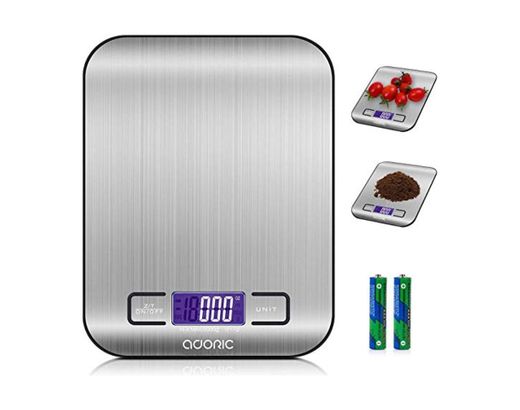 ADORIC Báscula Digital para Cocina de Acero Inoxidable, 5kg / 11 lbs,
