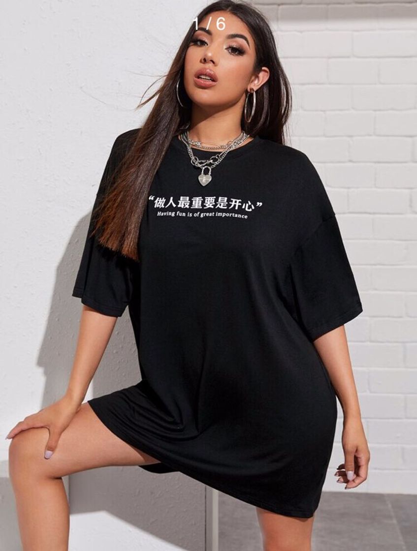 Fashion  Vestido estilo camiseta con estampado de Slogan 🎱