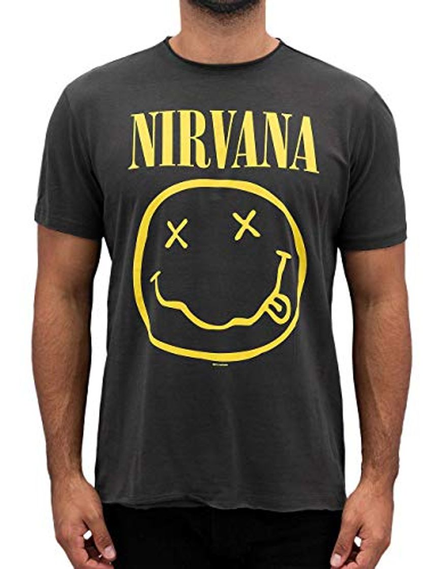 Fashion Amplified Nirvana-Smiley, Camiseta para Hombre, Gris