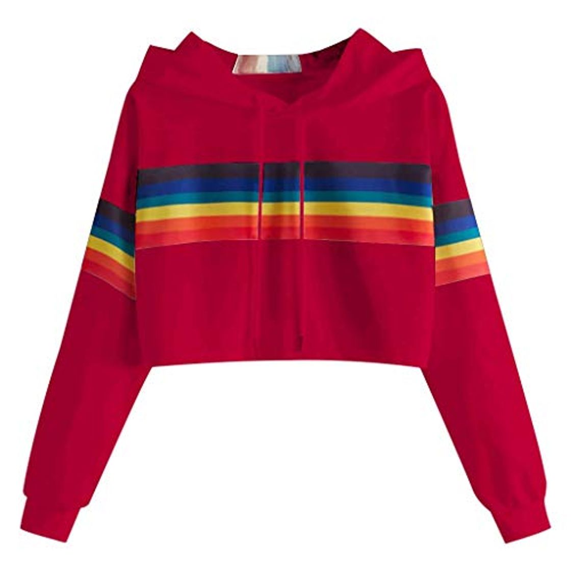 Moda OPAKY Sudadera con Capucha con Cordón y Estampado de Rayas Arcoíris para Mujer Blusa Casual Tops Mujer Juveniles Chicas Stranger Things Cropped Manga Larga Sudaderas Cortas Sueter con Gorro Crop Top