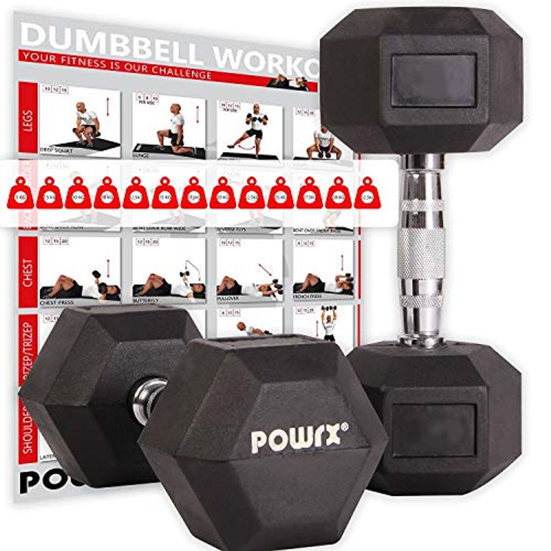 POWRX - Mancuernas hexagonales 30 kg Set (2 x 15 kg) -