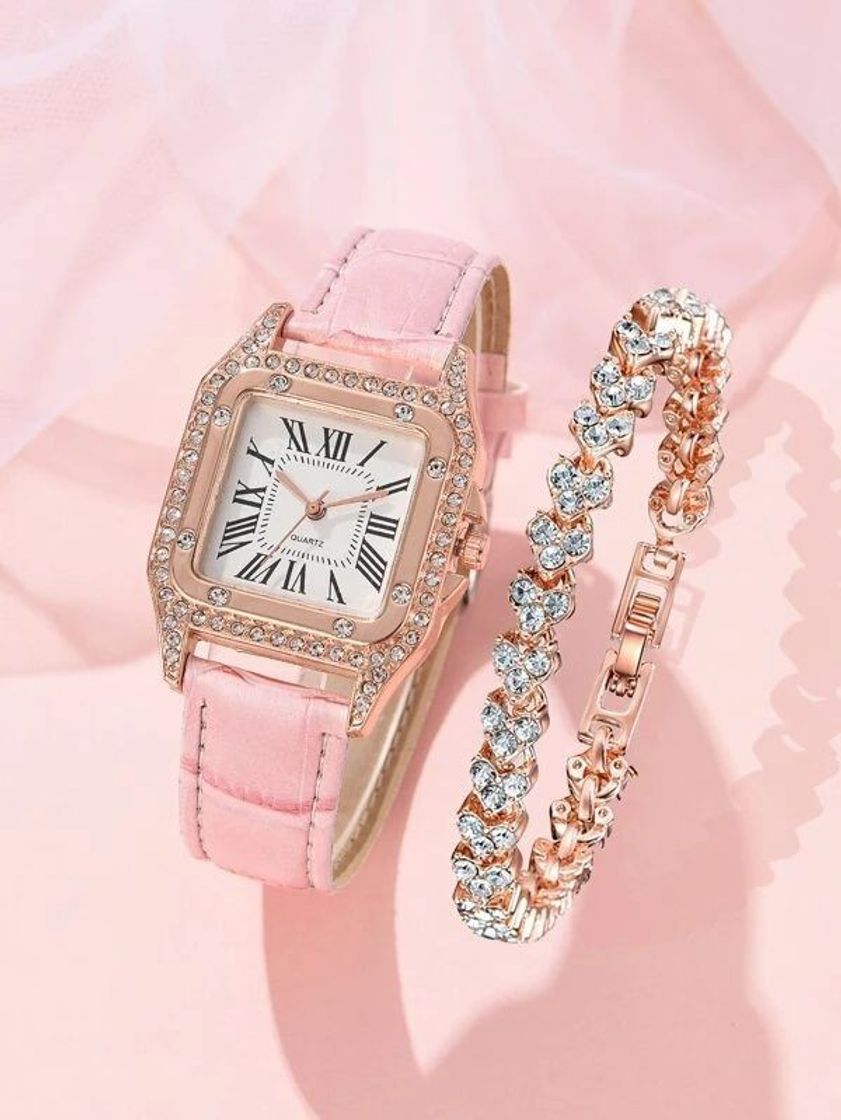 Moda 1 pc Rhinestone Decor Square Pointer Quartz Watch & 1pc Bracelet