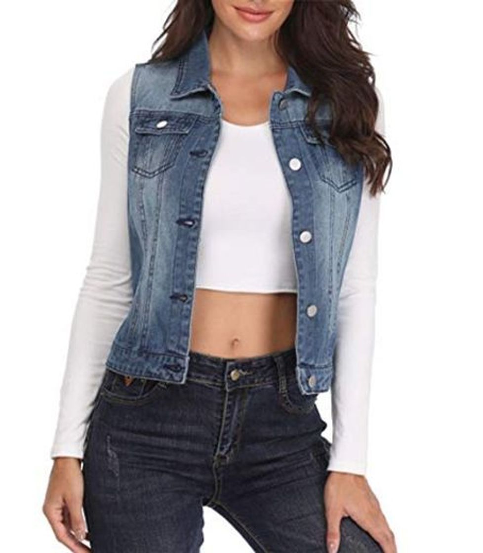 Social MISS MOLY Chaleco de Mezclilla para Mujer Chaqueta Jean Azul con Solapa