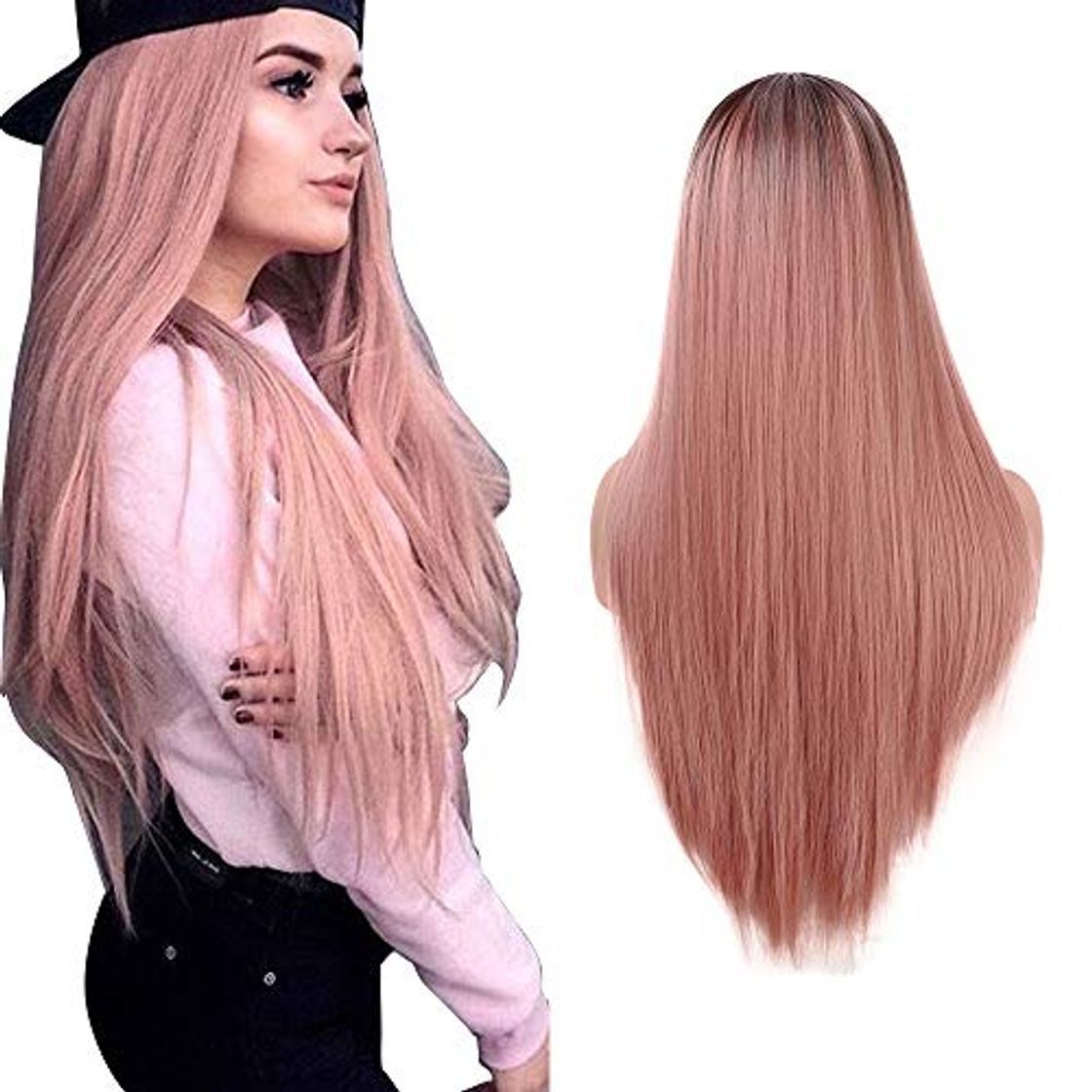 Producto Peluca Rosada para Mujeres Ombre Sedosa Peluca Lisa Larga 22 Pulgadas Línea Natural Parte Media Peluca Sintética para Mujeres Fiesta Halloween Disfraz