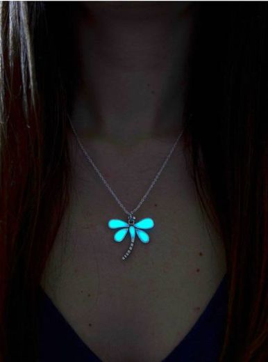 Aqua glow in the dark dragonfly necklace