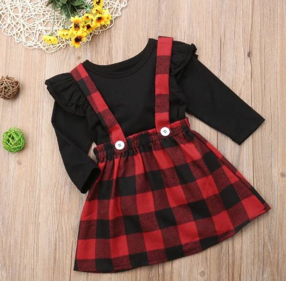 Moda Baby Girls Christmas Outfits Long Sleeve T-shirt With Red Plaid