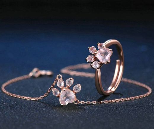 Paw rose quartz rings and bracelets