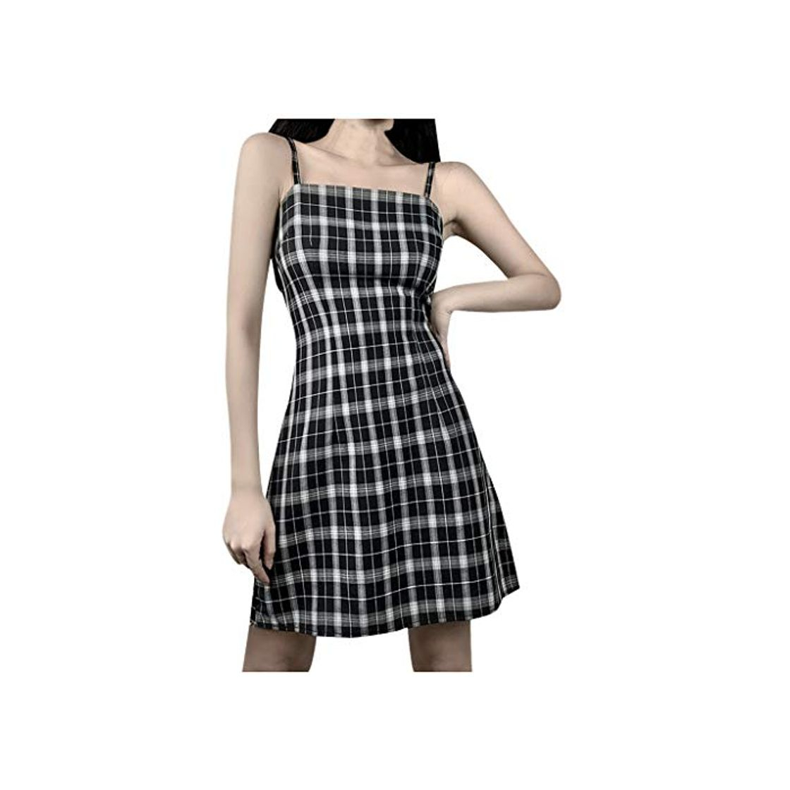 Moda HCFKJ Vestido De Tirantes De Cuadros Escoceses con Cremallera En La Cintura Retro Estilo FrancéS para Mujer Negro L