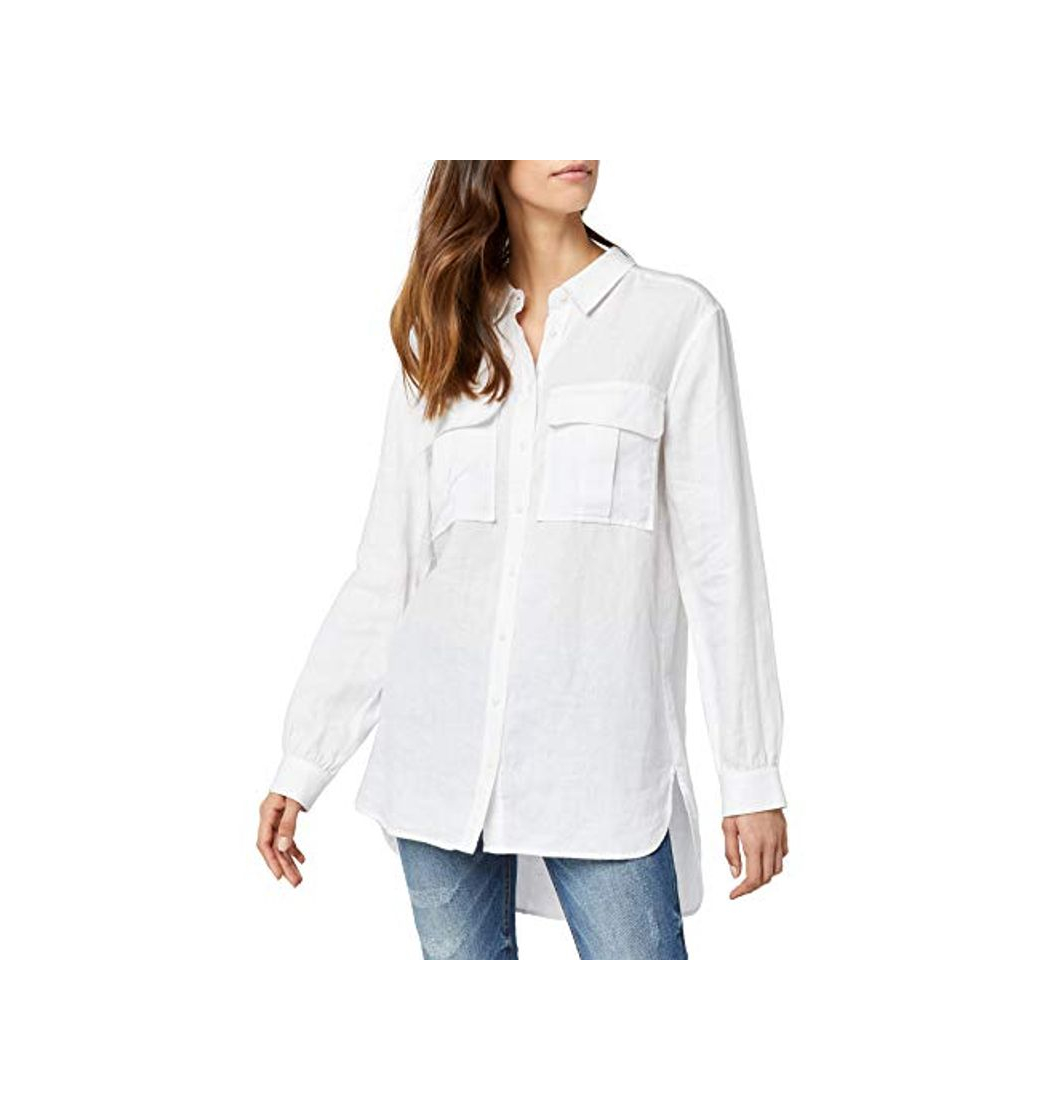 Moda Marca Amazon - find. Camisa de Lino de Manga Larga Mujer, Blanco