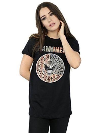 Ramones Mujer Flag Seal Camiseta del Novio Fit Small Negro