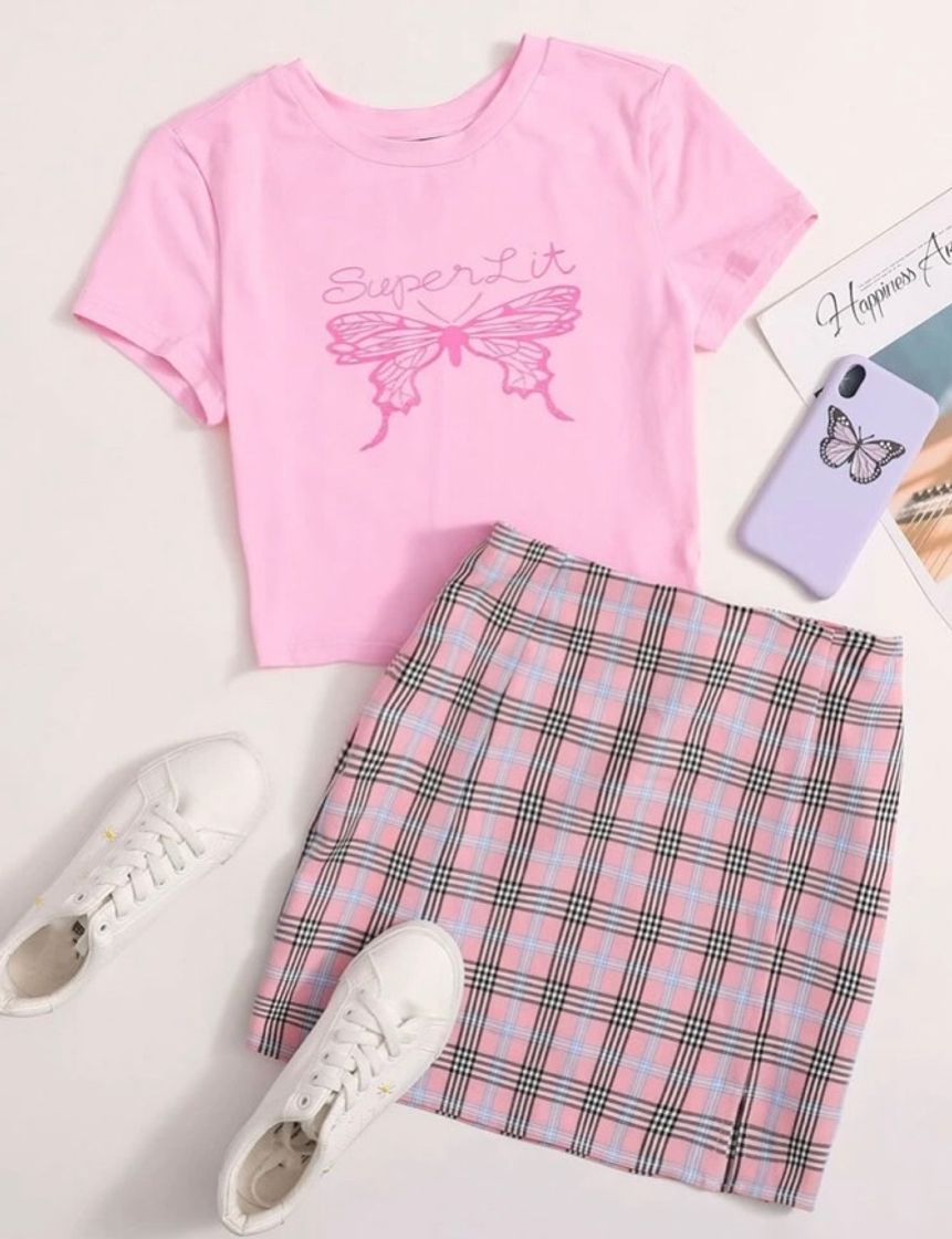 Fashion Conjunto roupa rosa cropped e saia