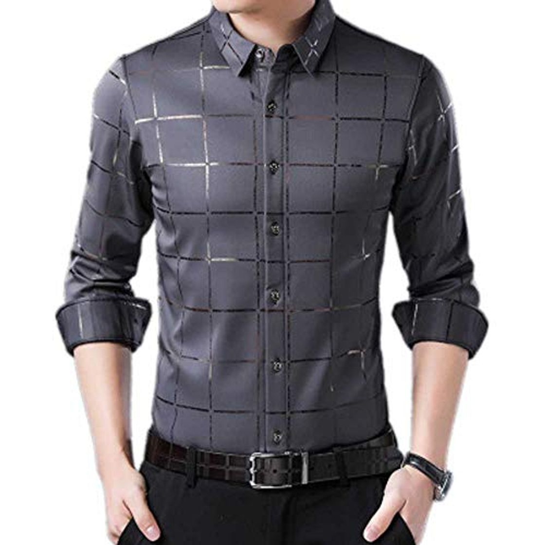 Social NOBRAND Casual Spring Plaid Manga Larga Slim Fit camisa de los Hombres Streetwear Social Dress Camisas para hombre Moda Jersey Gris gris 3XL