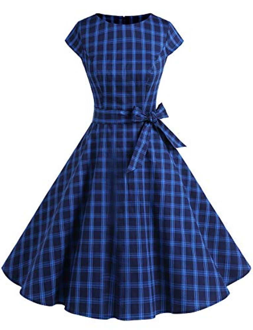 Moda Aupuls AUP1956 Vestido De Retro Vintage 50s con Manga Corta Y Cinturón para La Baile Fiesta Marino Cuadro S