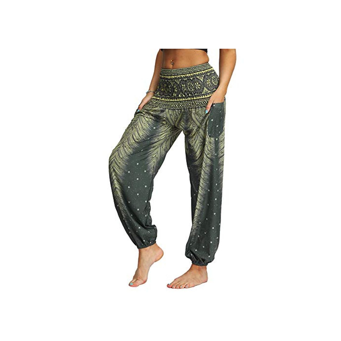 Producto Nuofengkudu Mujer Hippies Pantalones Harem Tailandeses Boho Estampados Bolsillos Cintura Alta Baggy