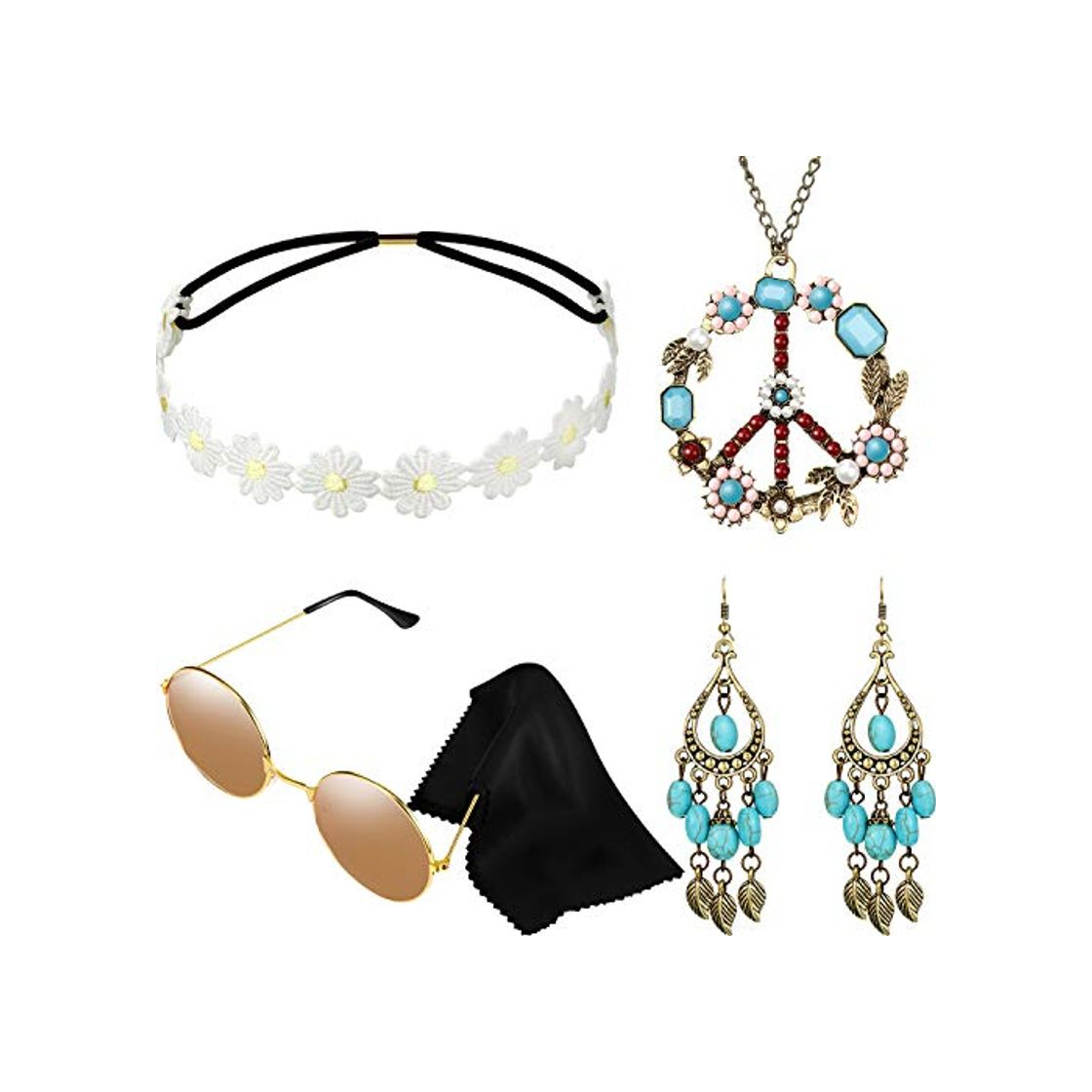 Social Hicarer Conjunto de Disfraces de Hippie Incluye Gafas de Sol, Diadema, Collar