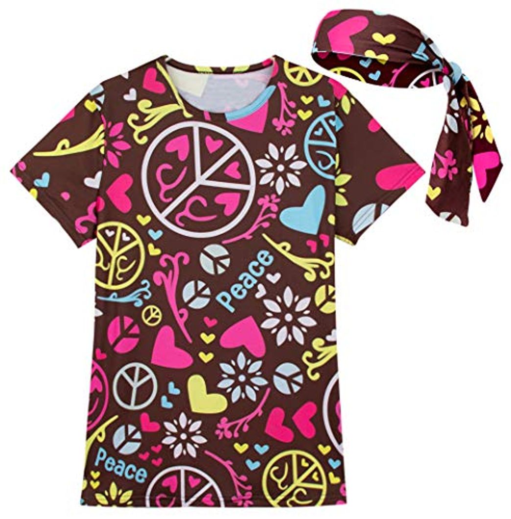 Social COSAVOROCK Mujer Disfraz de Hippie Flower Power Camiseta y Diadema