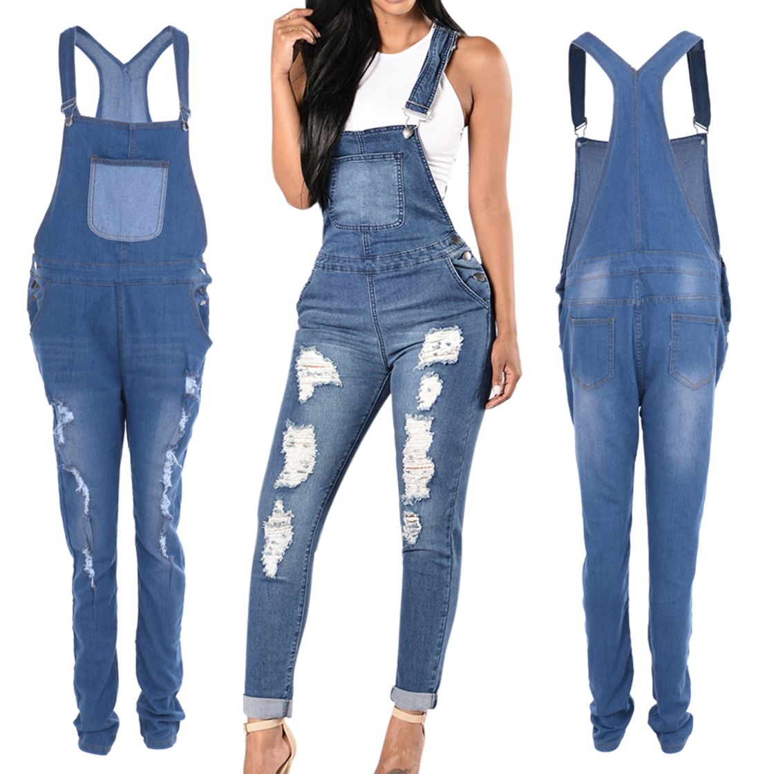 Product Overol de Mujer Jean Monos de Mezclilla sin Mangas Delgados con Agujeros Rasgados Casuales Azul M