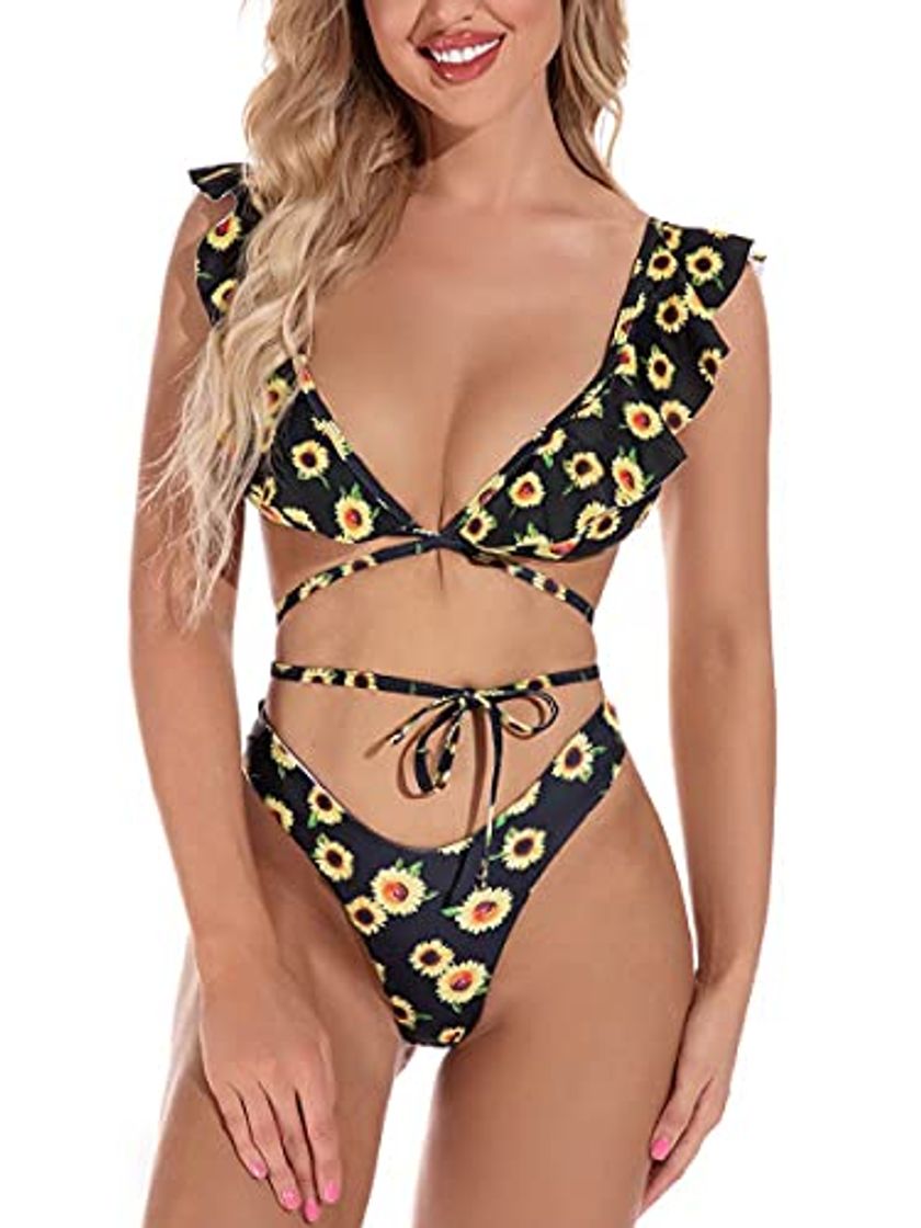 Fashion heekpek Bikini Brasileño Mujer Sexy Bikini Set Cuello en V Triangulo Bikini Volantes Floral Estampado Bikini Playa