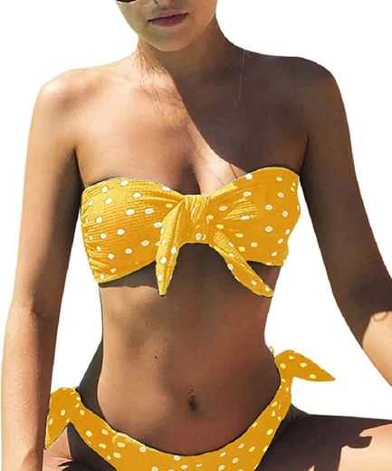 Voqeen Mujeres Cuello Halter Sin Tirantes Bandeau Giro Hacer Subir Lunares Conjunto de Bikini Traje de baño