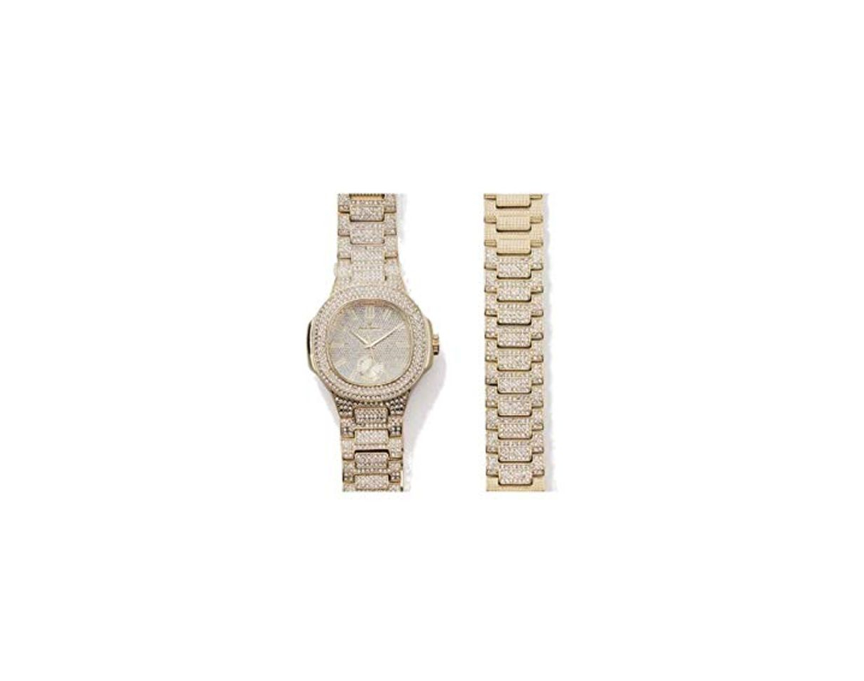 Fashion ICE BOX Gold Busto Down CZ Diamantes Reloj Juego de pulsera de