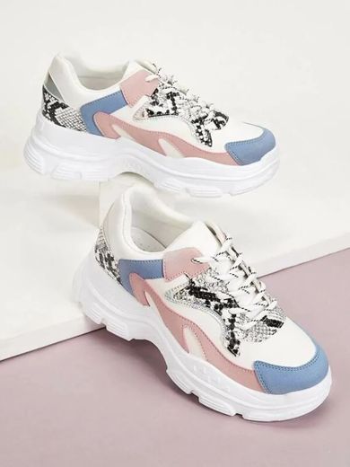 Lace-up Front Snakeskin Chunky Sneakers | SHEIN USA