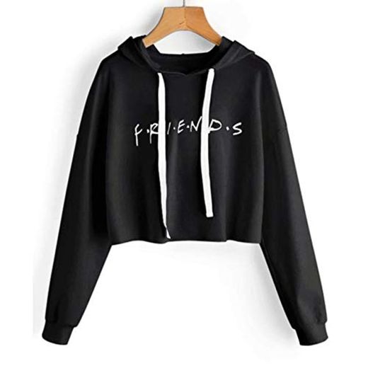 CHASO Moda Mujer Crop Top Hoodies Carta Sudadera con Capucha de Manga Larga Casual Mujer Cordón Loose Cropped Pullover Clothes M Black