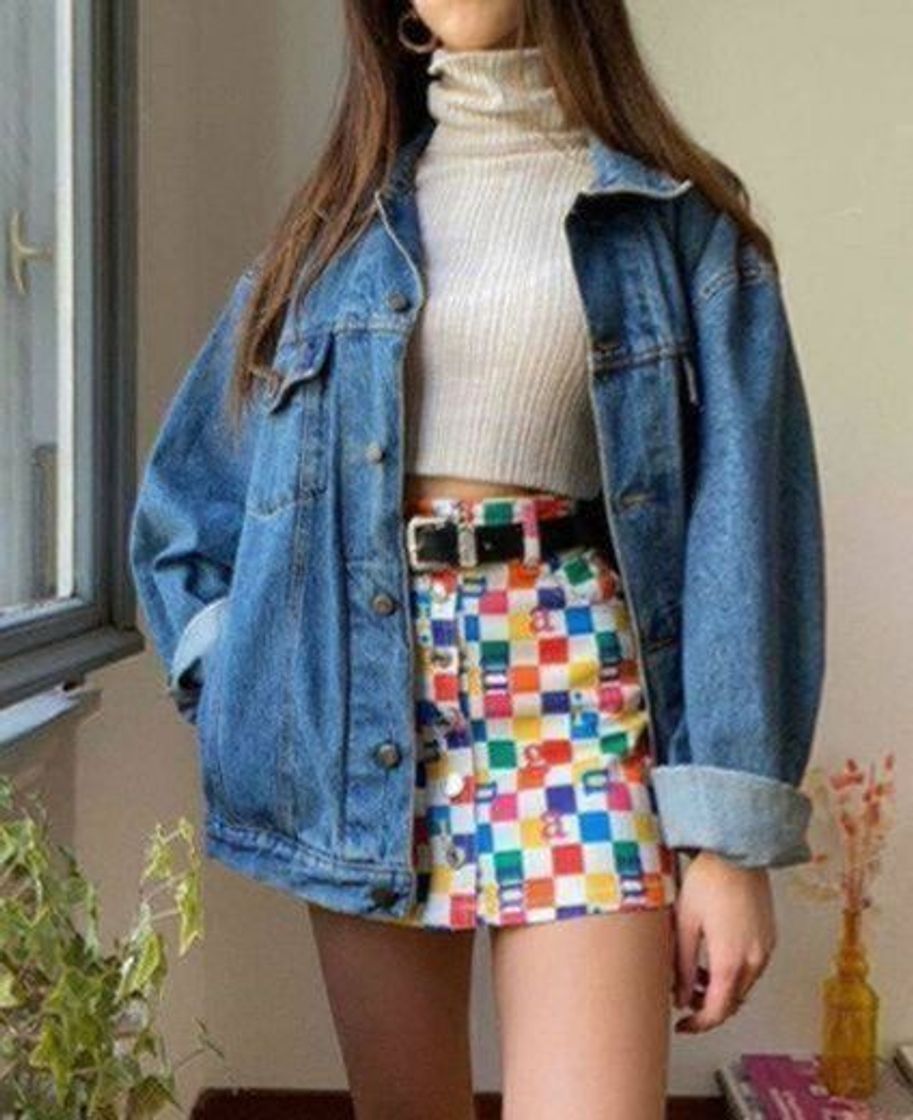 Social Saia colorida e jaqueta jeans