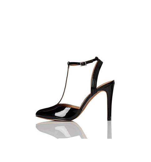 Marca Amazon - FIND Stiletto Round Toe T-Bar Zapatos de Tacón, Negro